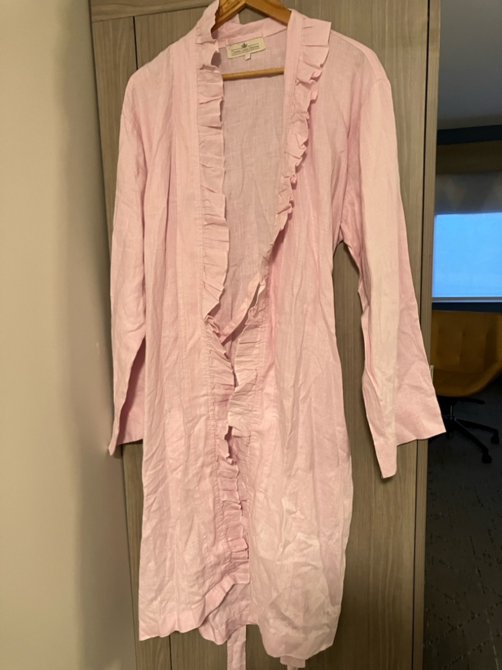 Light Pink Ruffled Linen Duster Wrap Dress X/XL  Crown Linen Designs